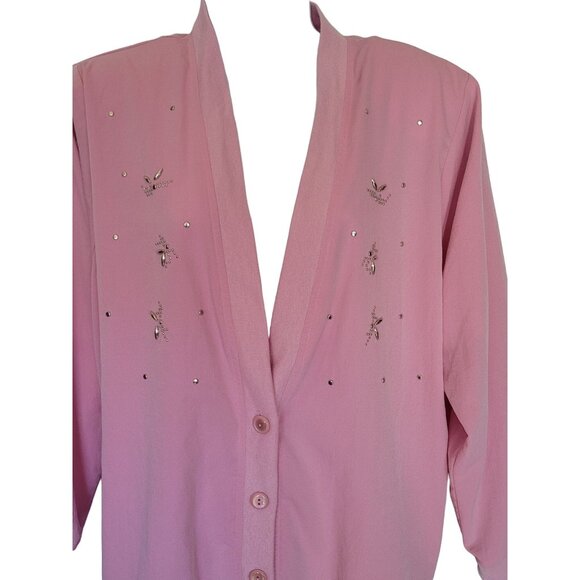 Vintage 80s Cardigan Jacket Size 14 Womens Pink Embellished Button Front Light W - Picture 1 of 7